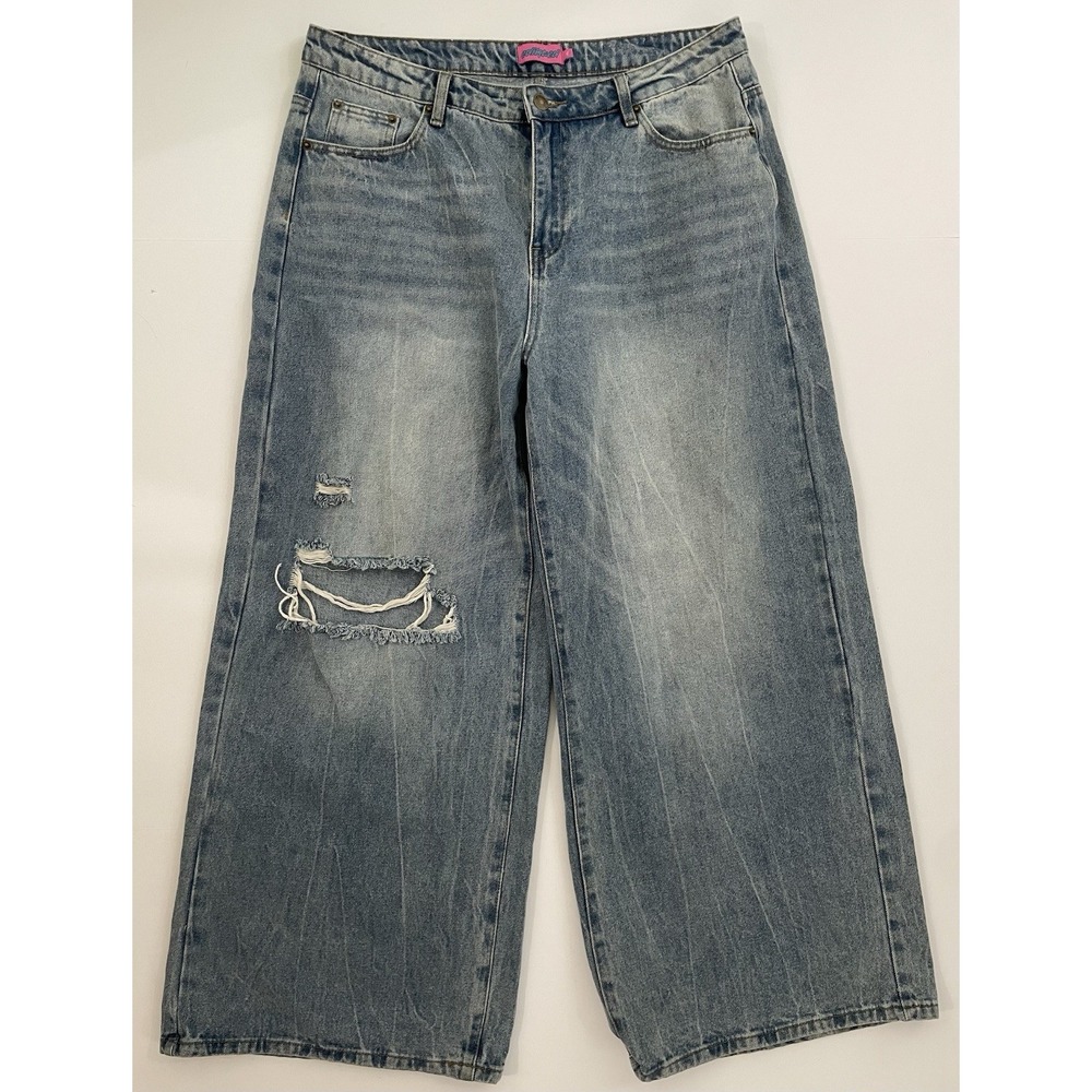 Edikted Lori Wide Leg Jeans Womens XL Light Wash Distressed Ripped Knee Y2K